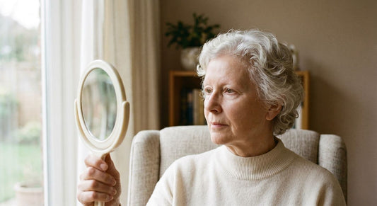 Woman with disappearing eyebrows looking in mirror in soft natural light