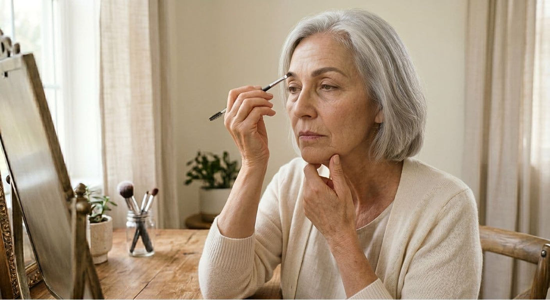 Woman filling in sparse eyebrows with precision brow tool in natural light