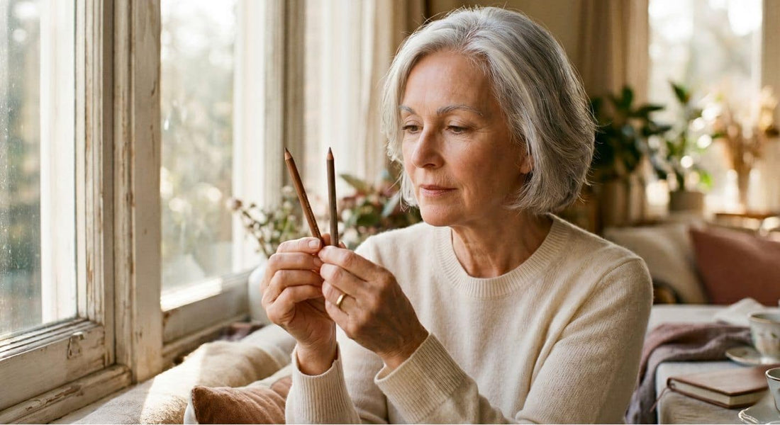 Woman with gray hair comparing eyebrow shades in natural light