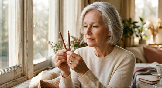 Woman with gray hair comparing eyebrow shades in natural light