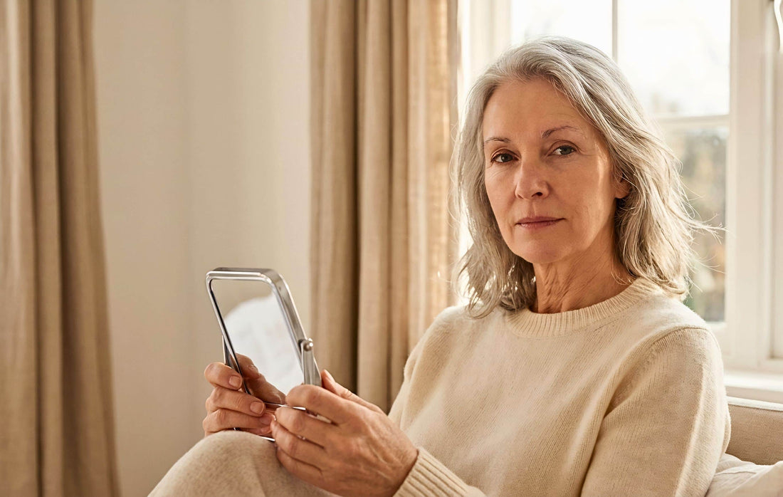 Woman with no eyebrows looking in mirror in soft natural light