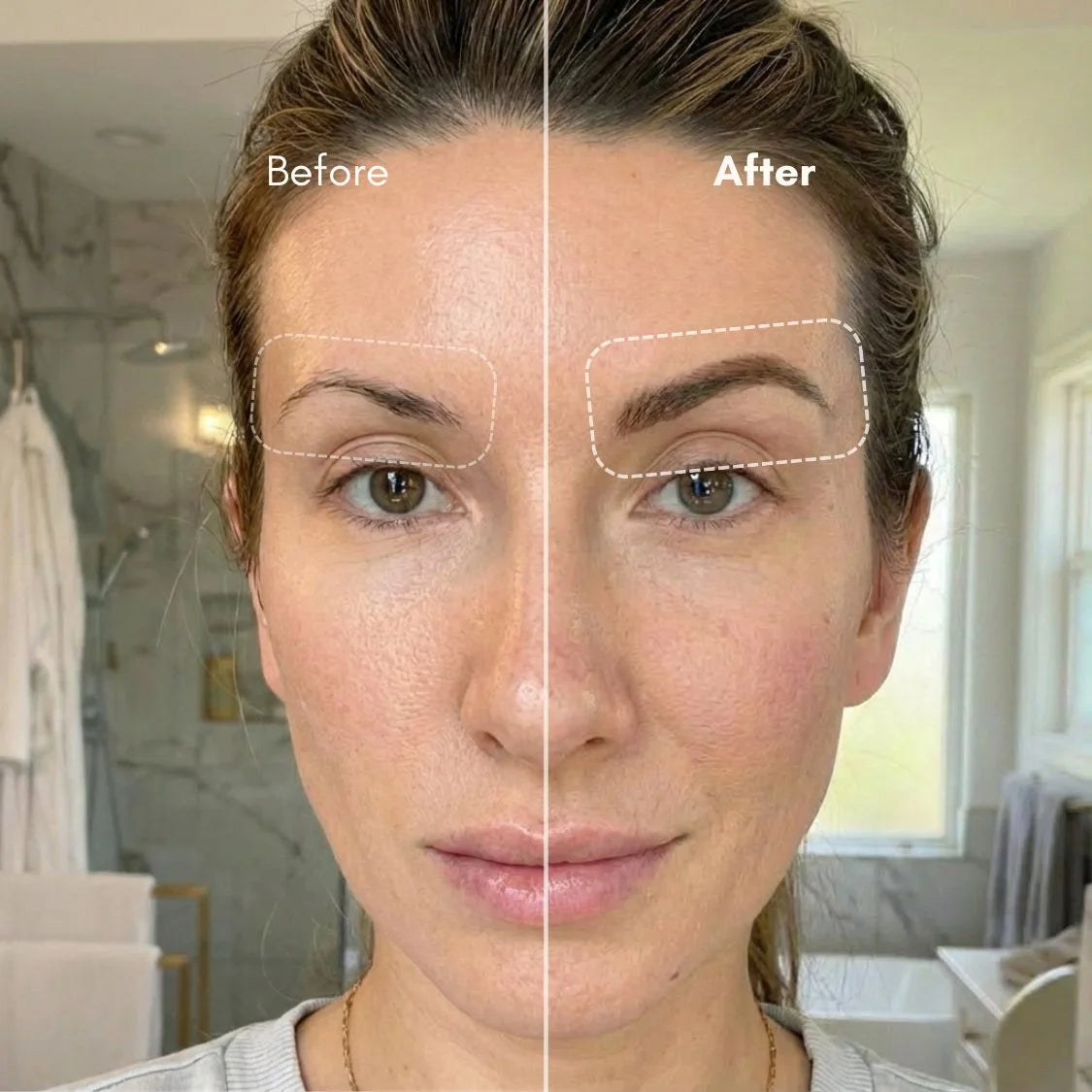Before and after — woman with thinning brows achieving fuller natural-looking brows with Awaken™ Wand
