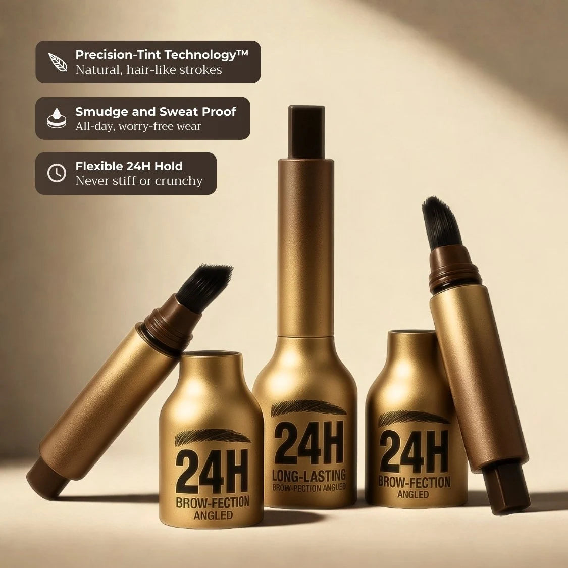 Awaken™ Dual-Action Brow Wand features — smudge proof, flexible hold, precision tip