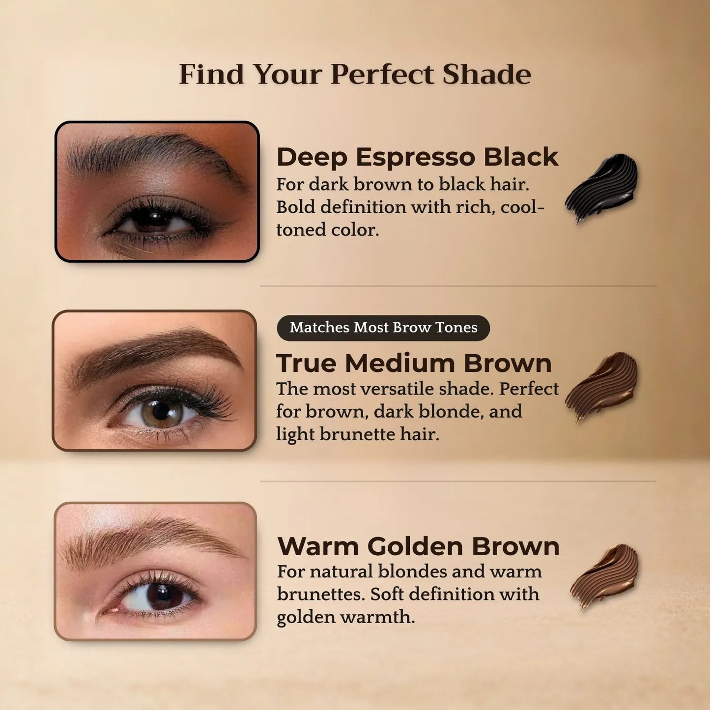 Awaken™ shade guide — Deep Espresso Black, True Medium Brown, Warm Golden Brown brow swatches