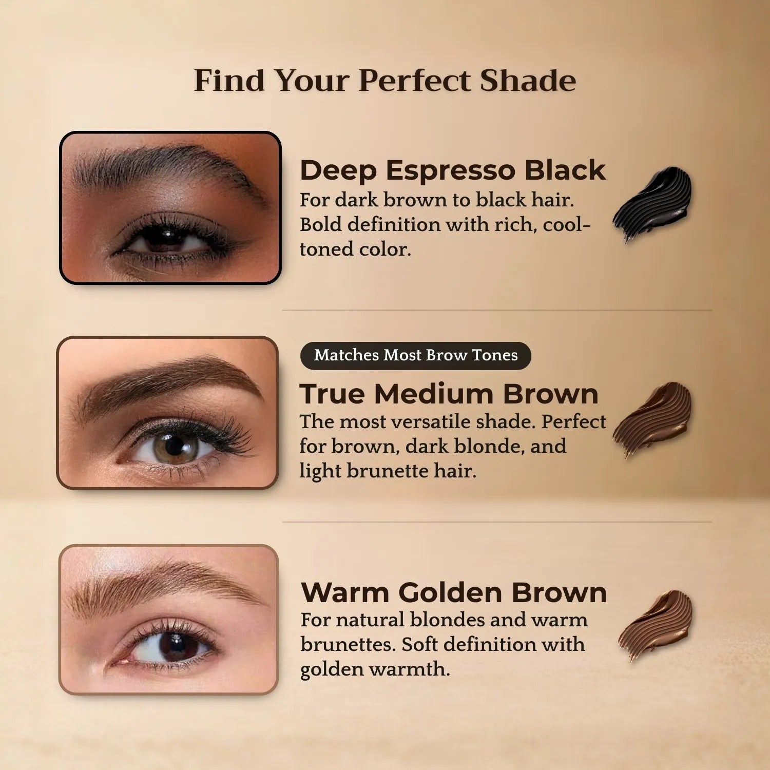 Awaken™ shade guide — Deep Espresso Black, True Medium Brown, Warm Golden Brown brow swatches