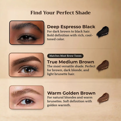 Awaken™ shade guide — Deep Espresso Black, True Medium Brown, Warm Golden Brown brow swatches