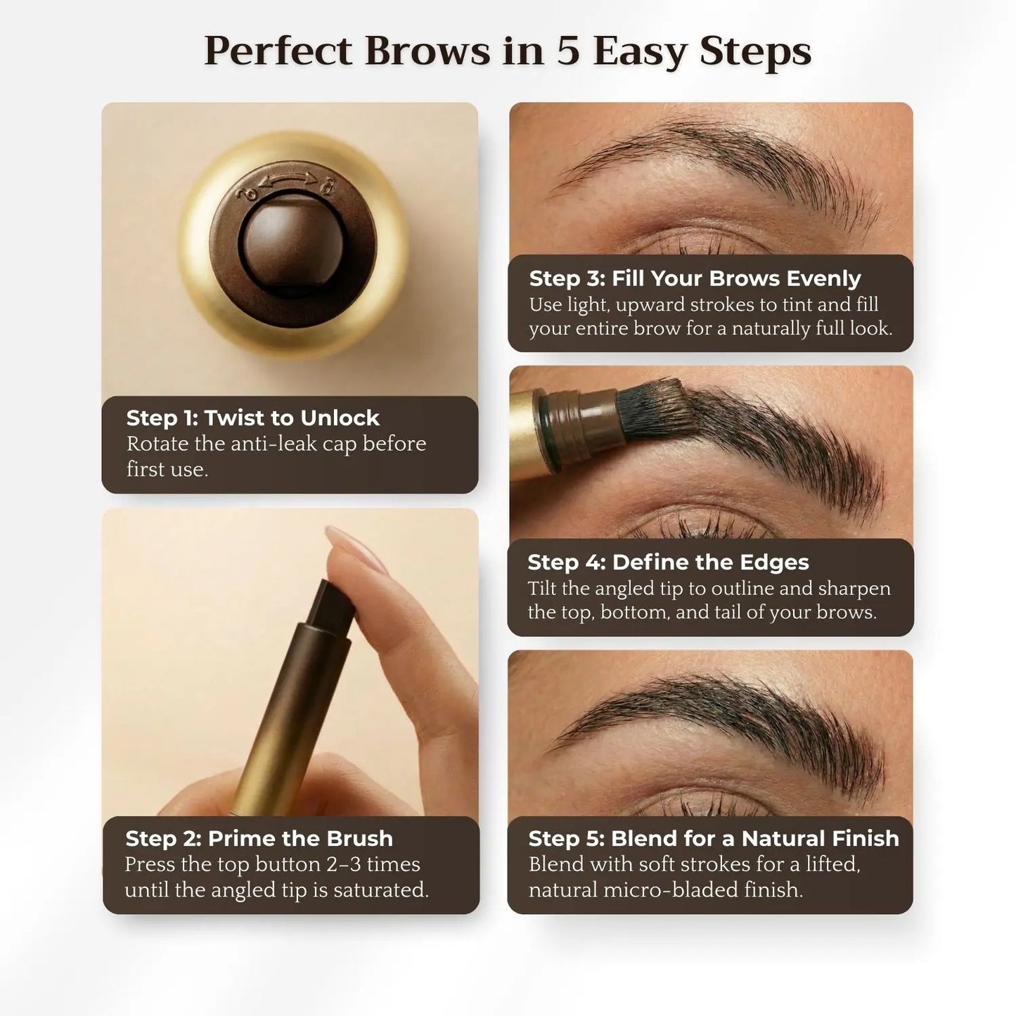 Five-step brow application guide using the Awaken™ Dual-Action Brow Wand