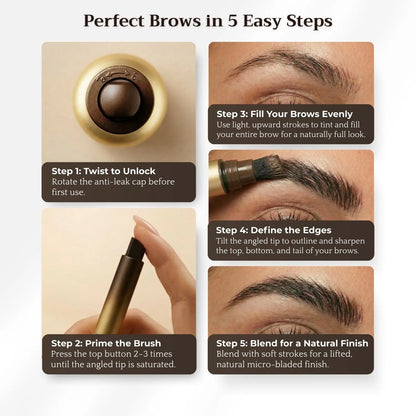 Five-step brow application guide using the Awaken™ Dual-Action Brow Wand