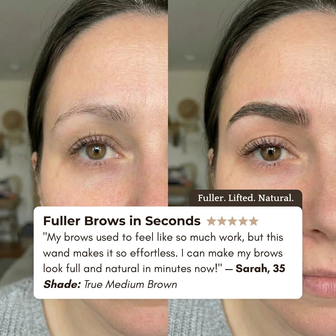 Before and after — woman with sparse greying brows showing fuller lifted natural brows after Awaken™ Wand