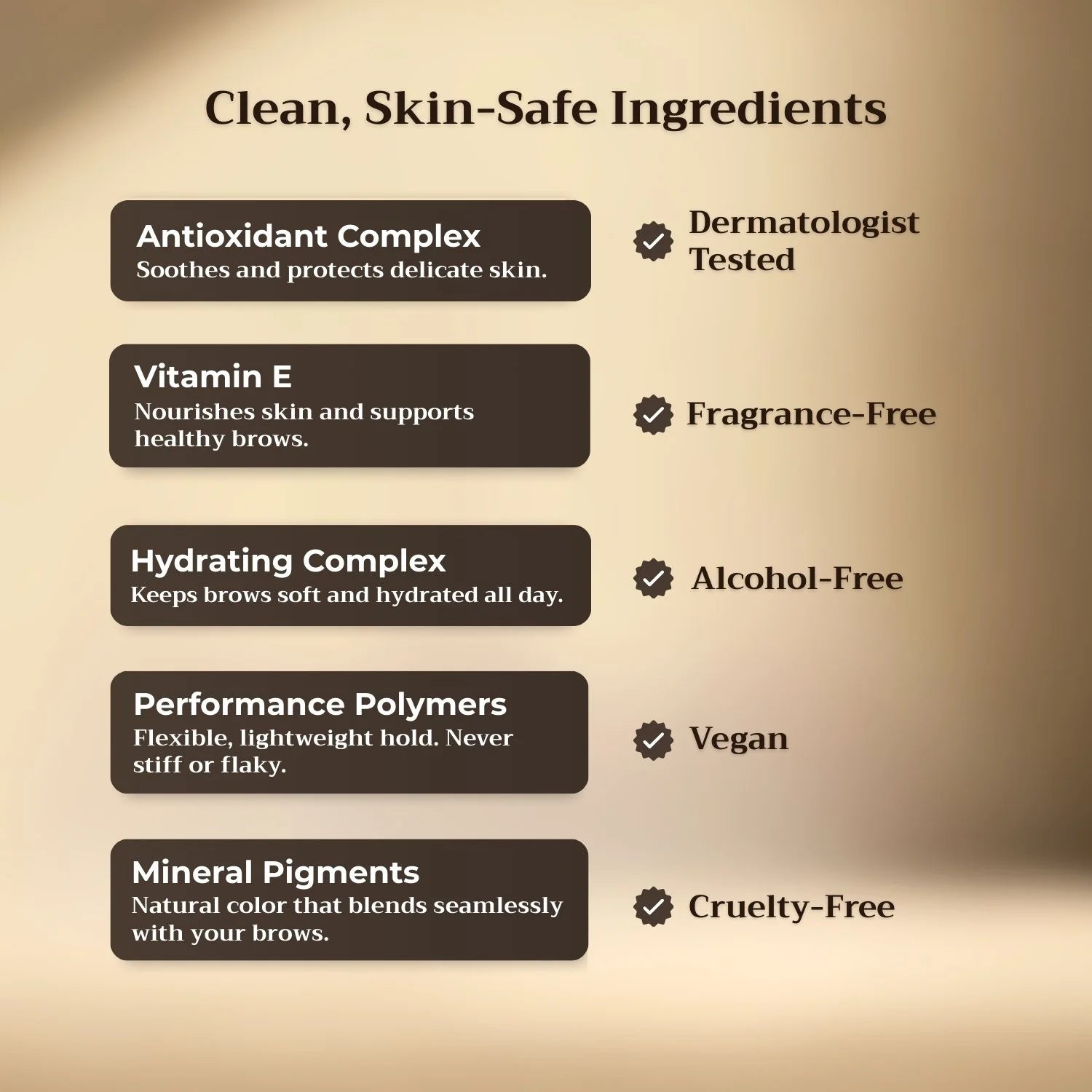 List of clean, skin-safe ingredients with corresponding benefits on a beige background