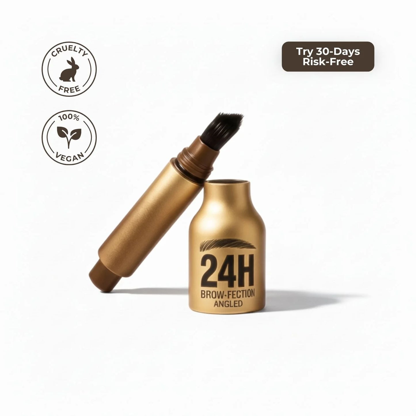 Awaken™ Dual-Action Brow Wand product shot with cruelty-free and vegan badges — Try 30-Days Risk-Free