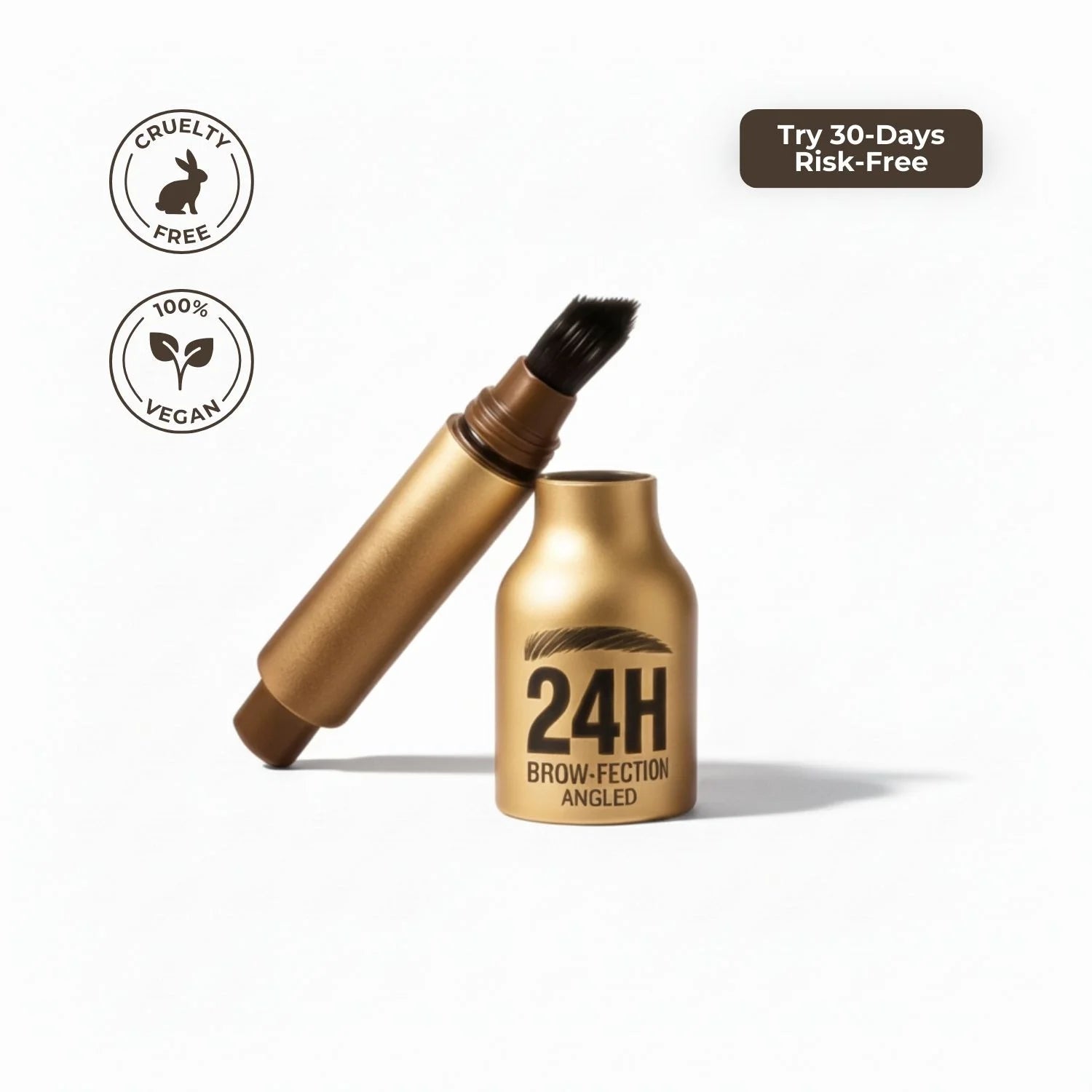 Awaken™ Dual-Action Brow Wand product shot with cruelty-free and vegan badges — Try 30-Days Risk-Free